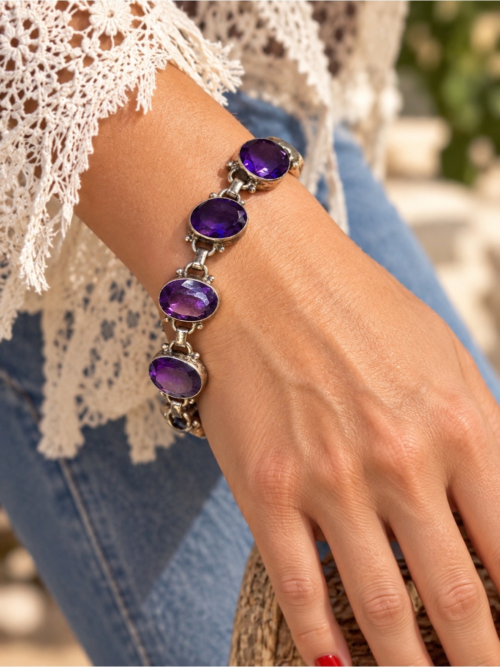 Estate Amethyst Purple Gemstone 925 Sterling Silver Artisan Bracelet 8”